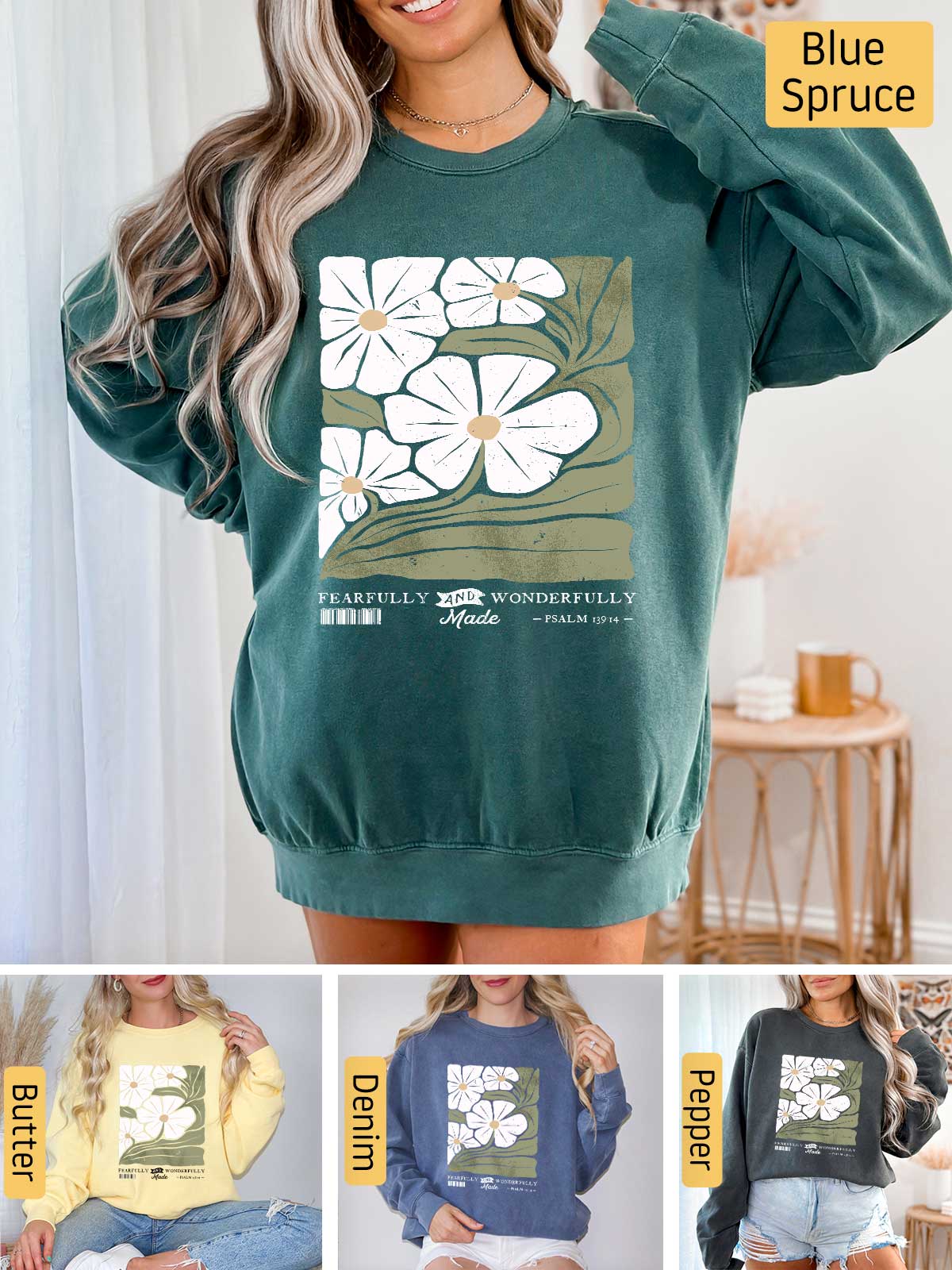 a woman wearing a sweatshirt with flowers on it