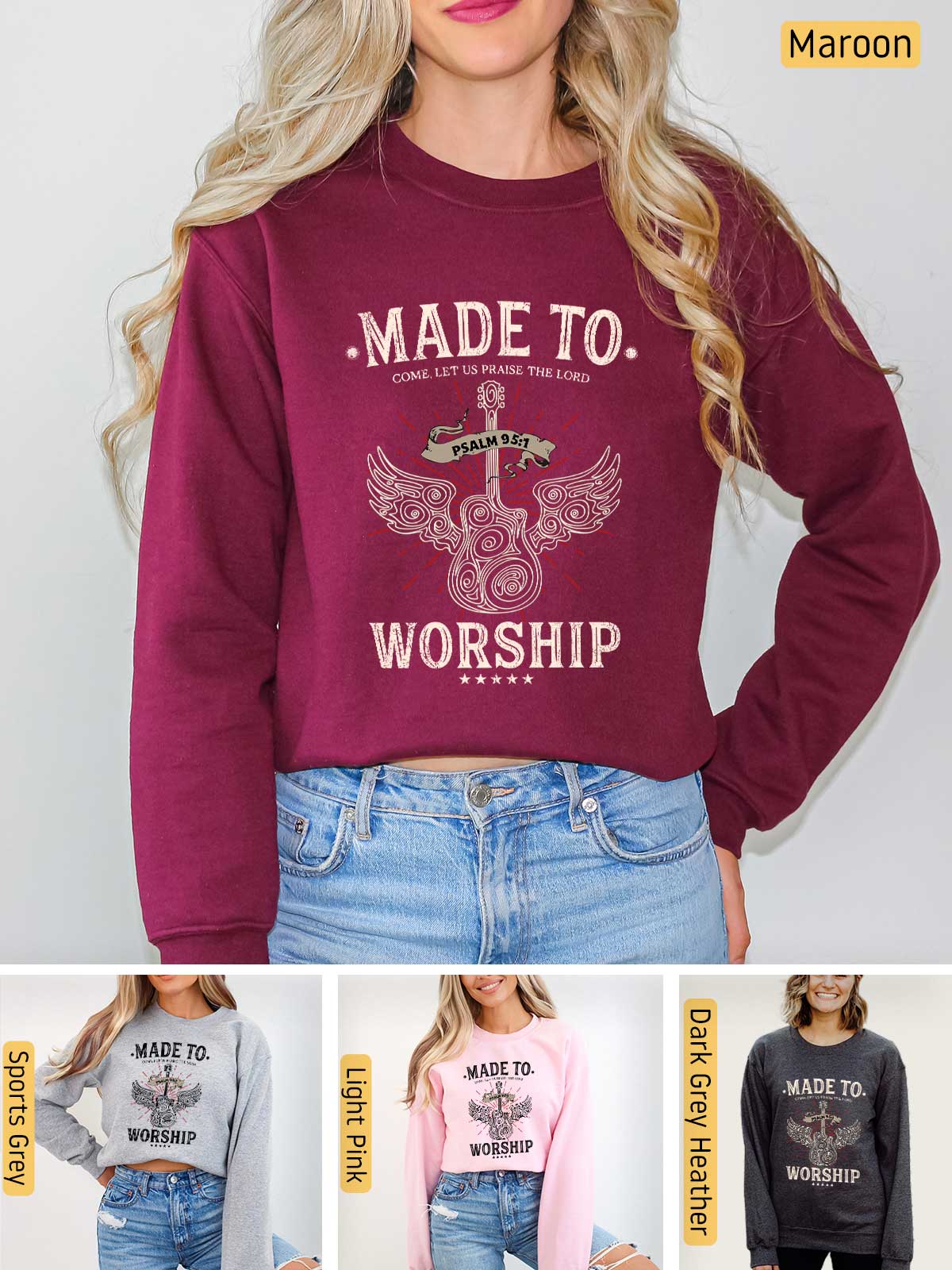 a woman wearing a sweatshirt that says made to worship