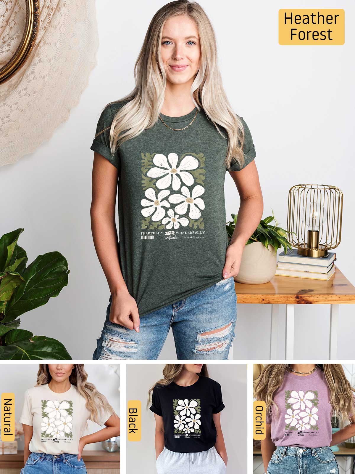 a woman wearing a t - shirt with flowers on it