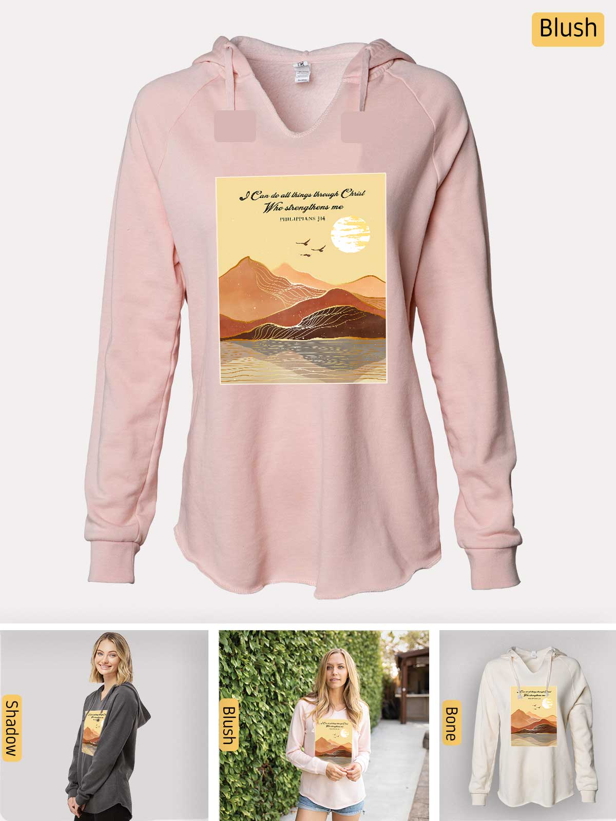 a women's sweatshirt with a picture of a mountain