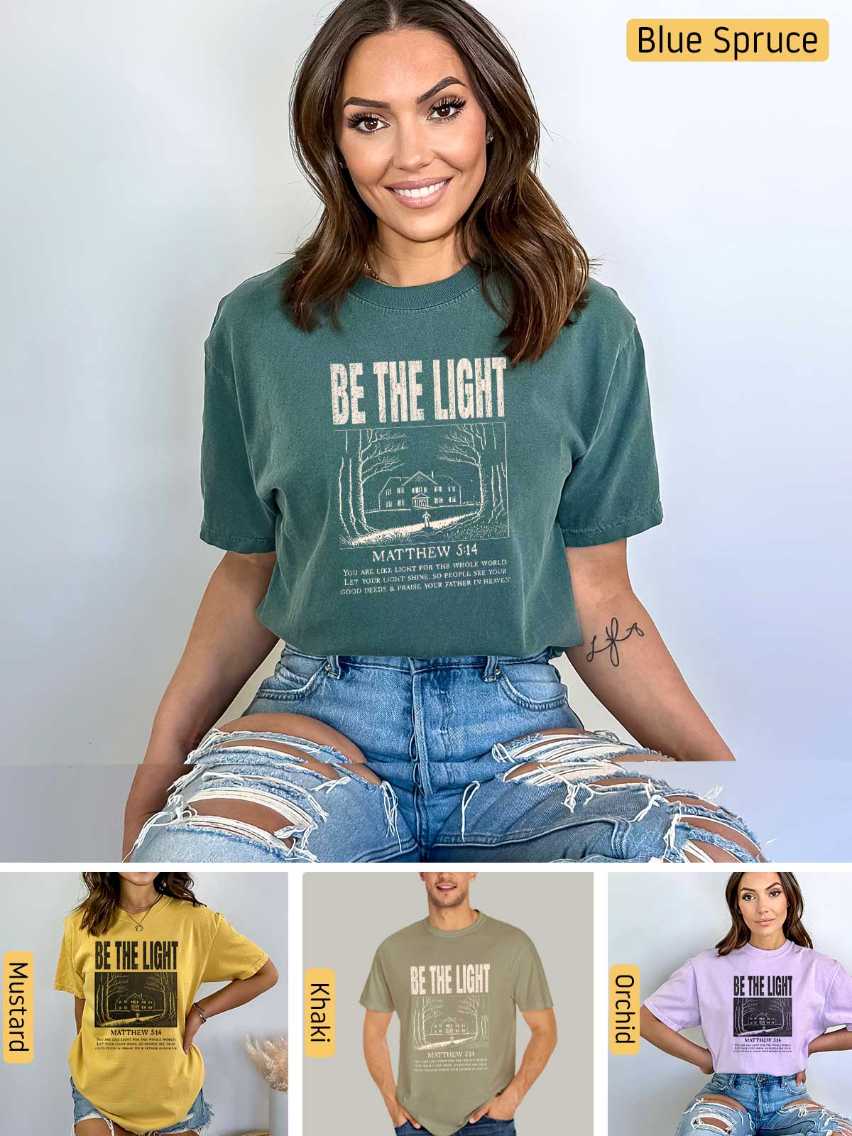 a woman wearing a t - shirt that says be the light