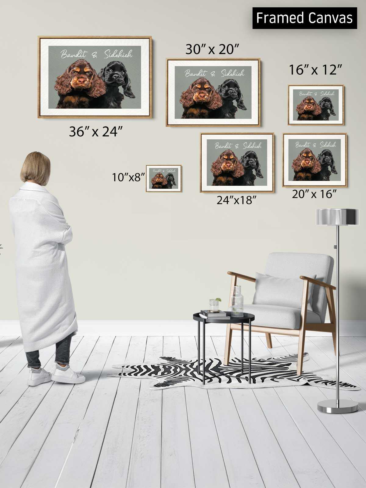 A person standing in a room, looking at a collection of framed artworks featuring images of dogs. The artworks vary in size and frame, with some being larger and others smaller. The person appears to be examining the artworks, possibly considering which one to purchase or display in their home.