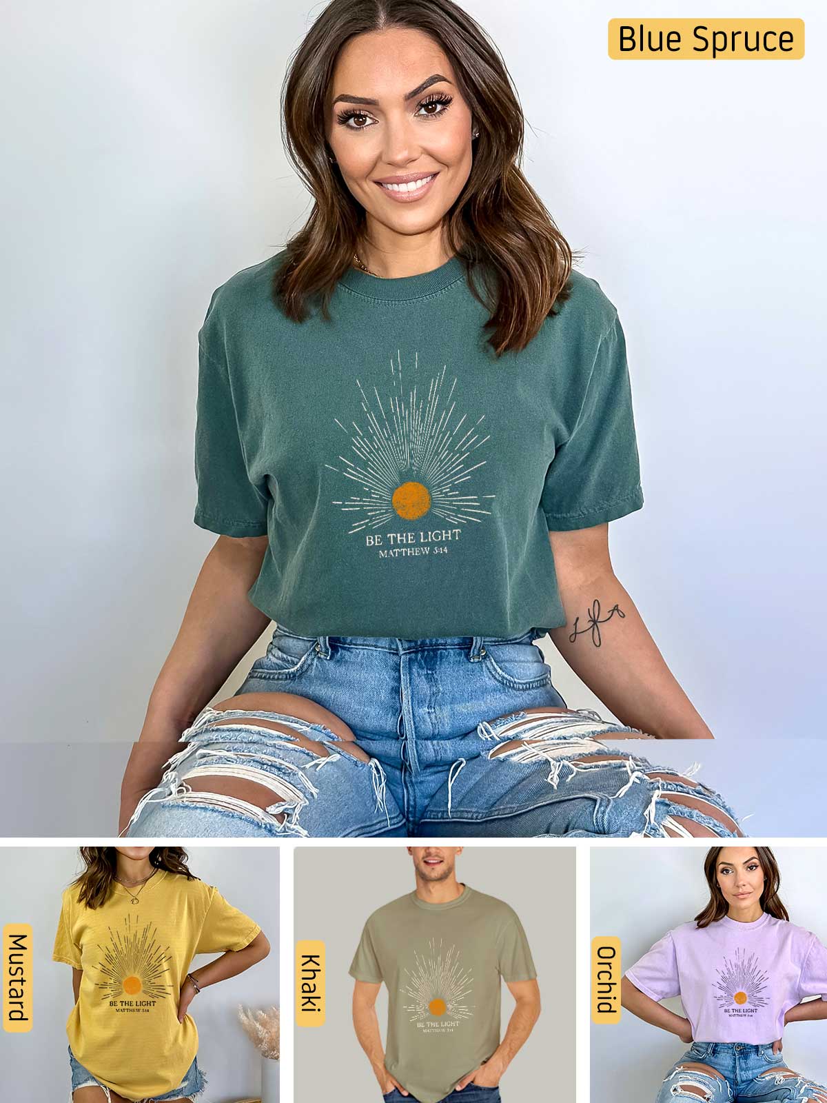 a collage of photos of a woman wearing a blue spruce t - shirt