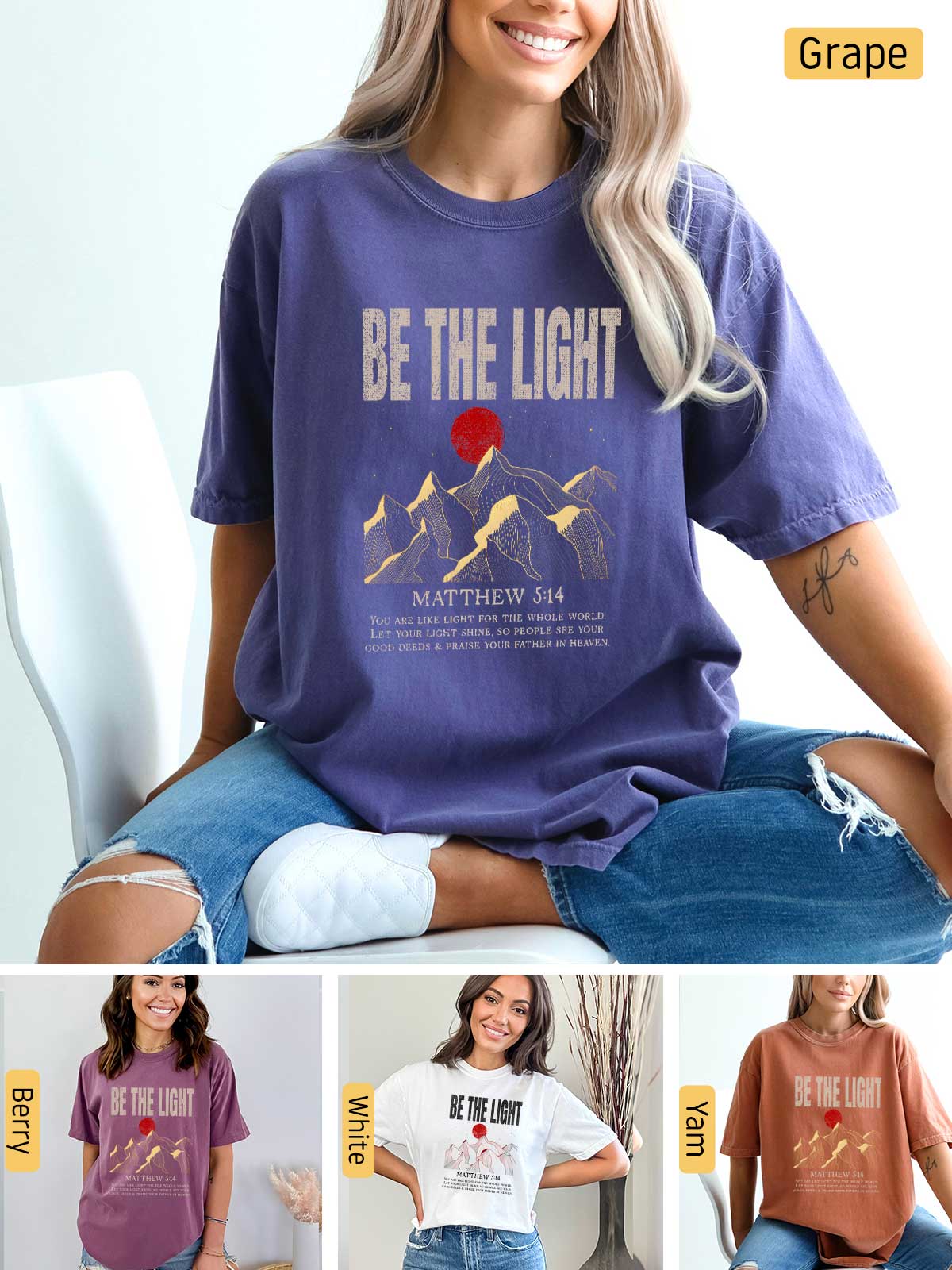 a woman wearing a t - shirt that says be the light