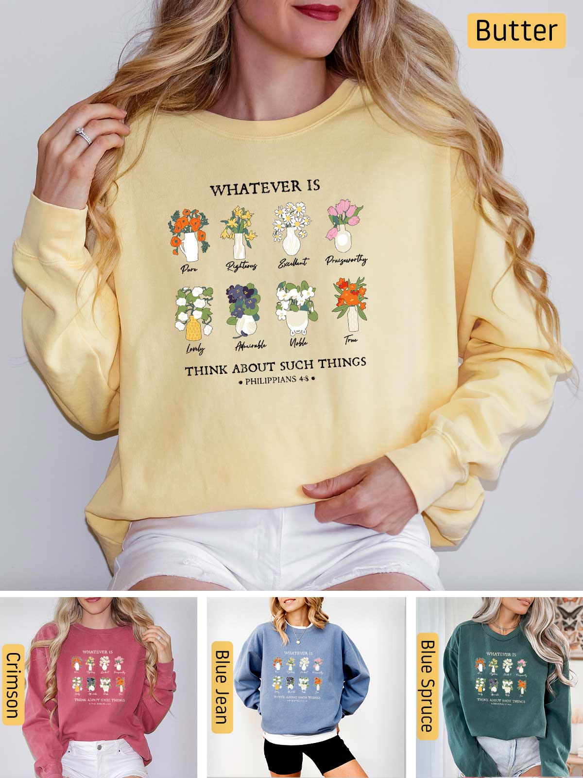 a woman wearing a sweater with the words whatever is funny on it