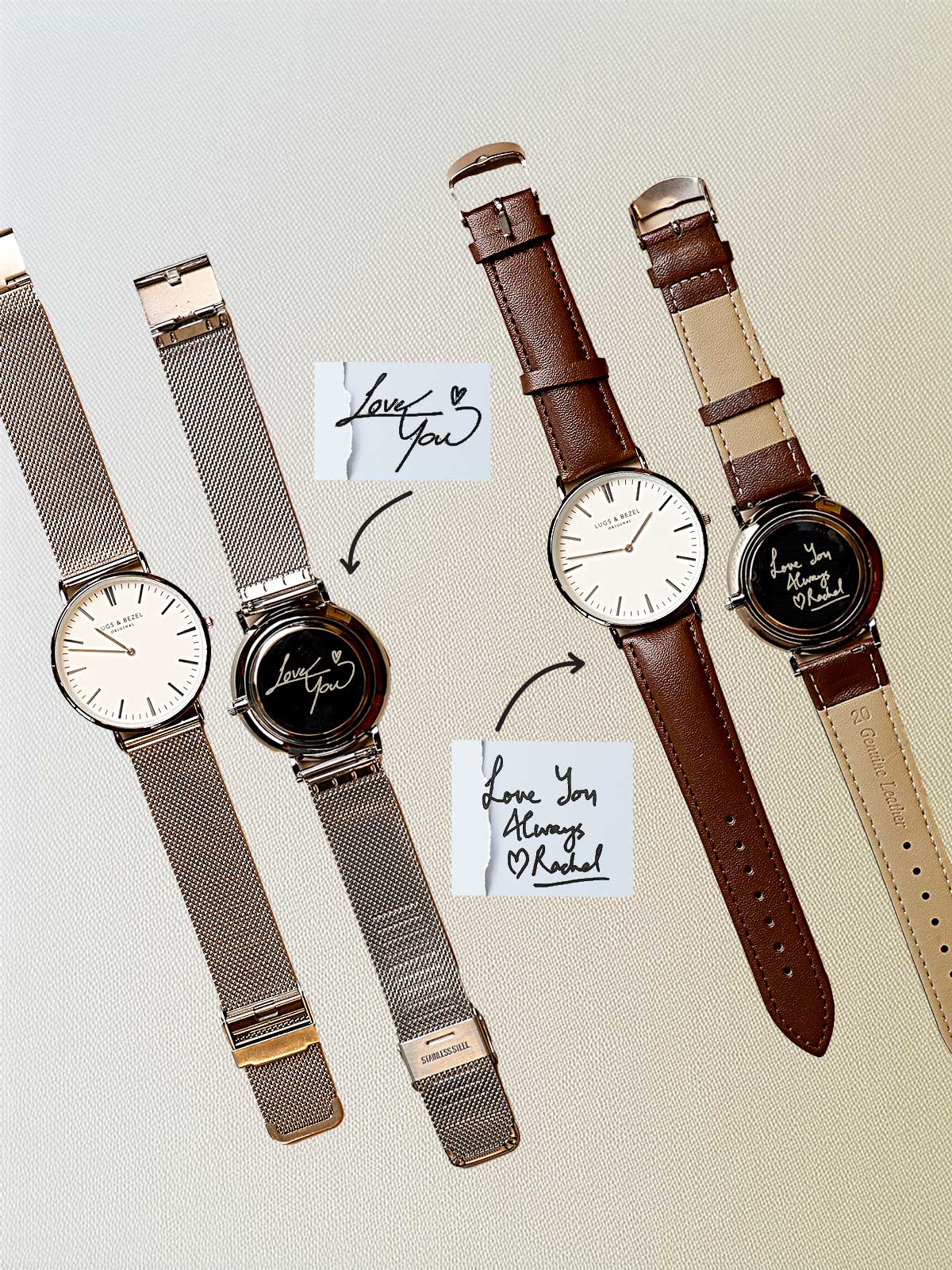 a group of four watches sitting next to each other