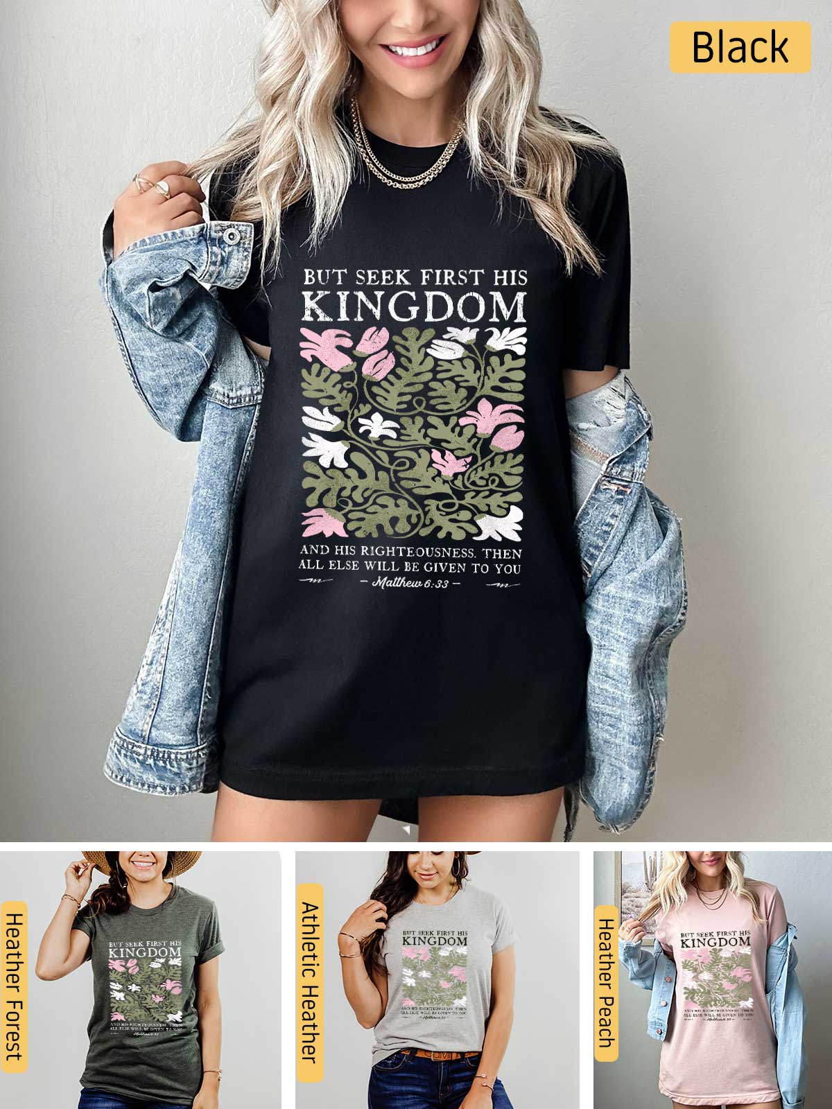 a woman wearing a t - shirt that says, but seek first he kingdom