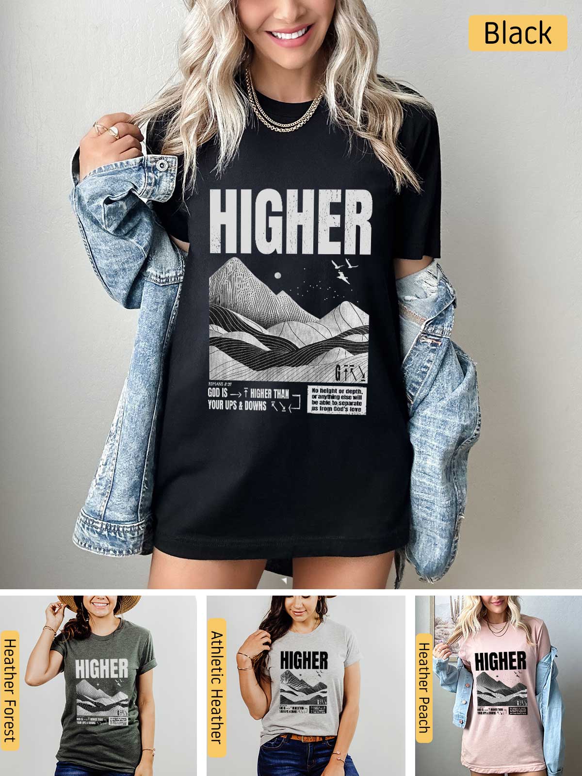 a woman wearing a t - shirt with the words higher printed on it