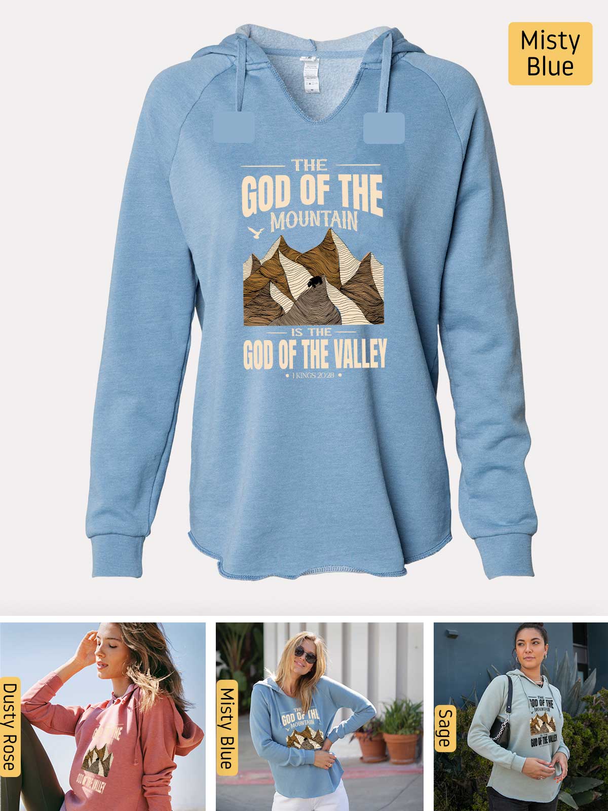 a blue hoodie with a picture of a mountain scene on it