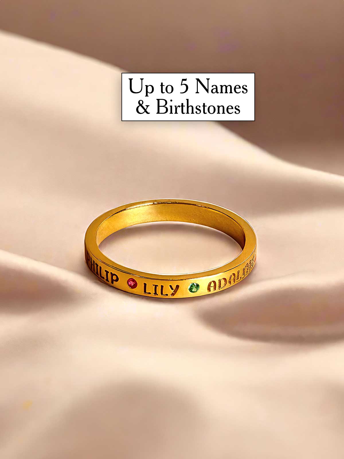 a gold ring with the words up to 5 names and britstones on it