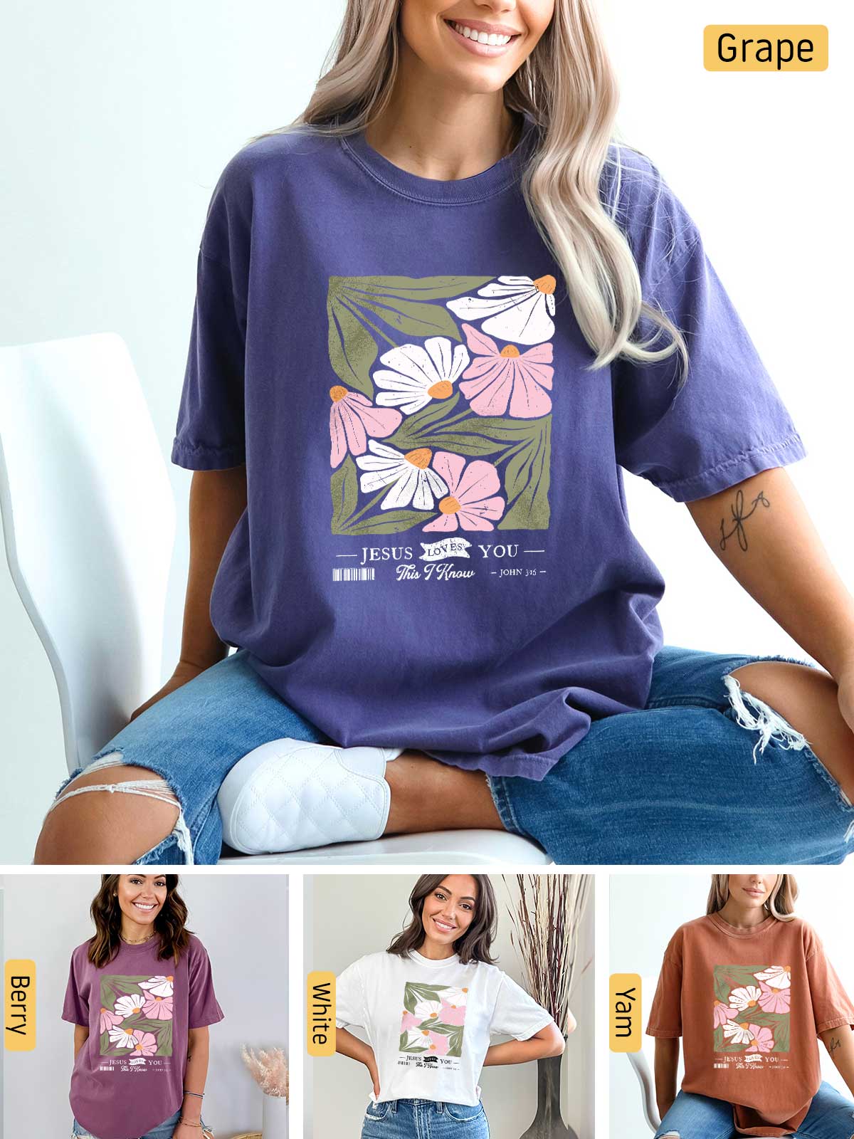 a woman wearing a t - shirt with flowers on it