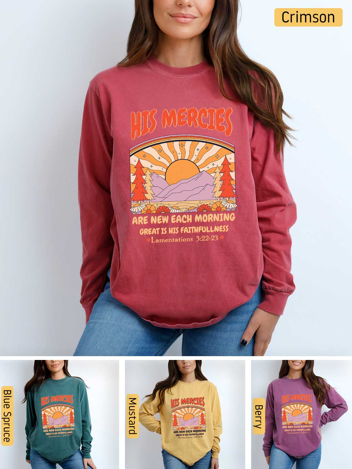 a woman wearing a red sweatshirt with a sunset graphic on it