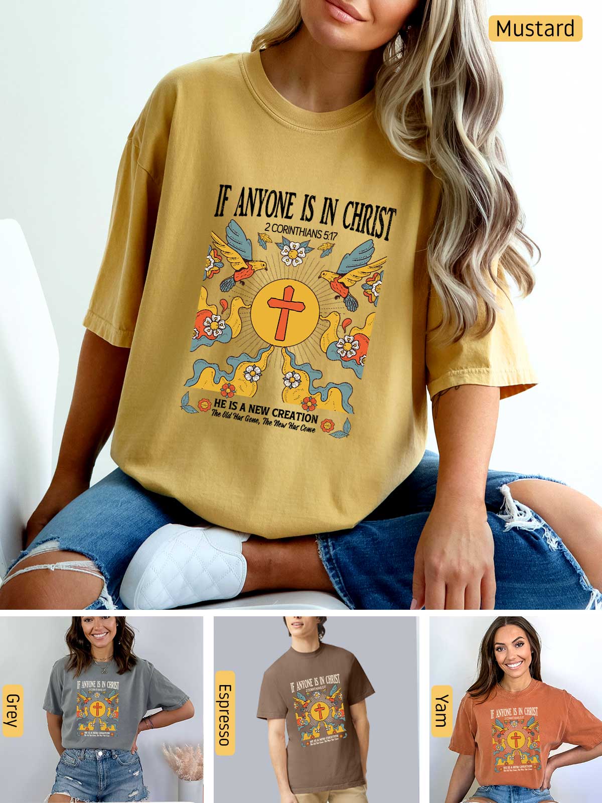 a woman wearing a mustard colored shirt with a cross on it