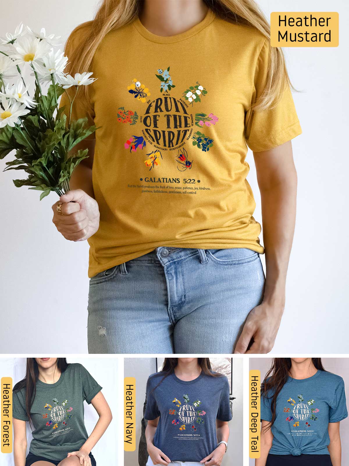 a woman wearing a t - shirt with flowers on it