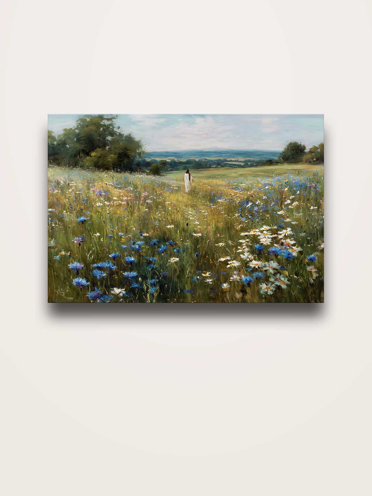A painting of a woman walking through a field of flowers, with a blue sky and trees in the background.