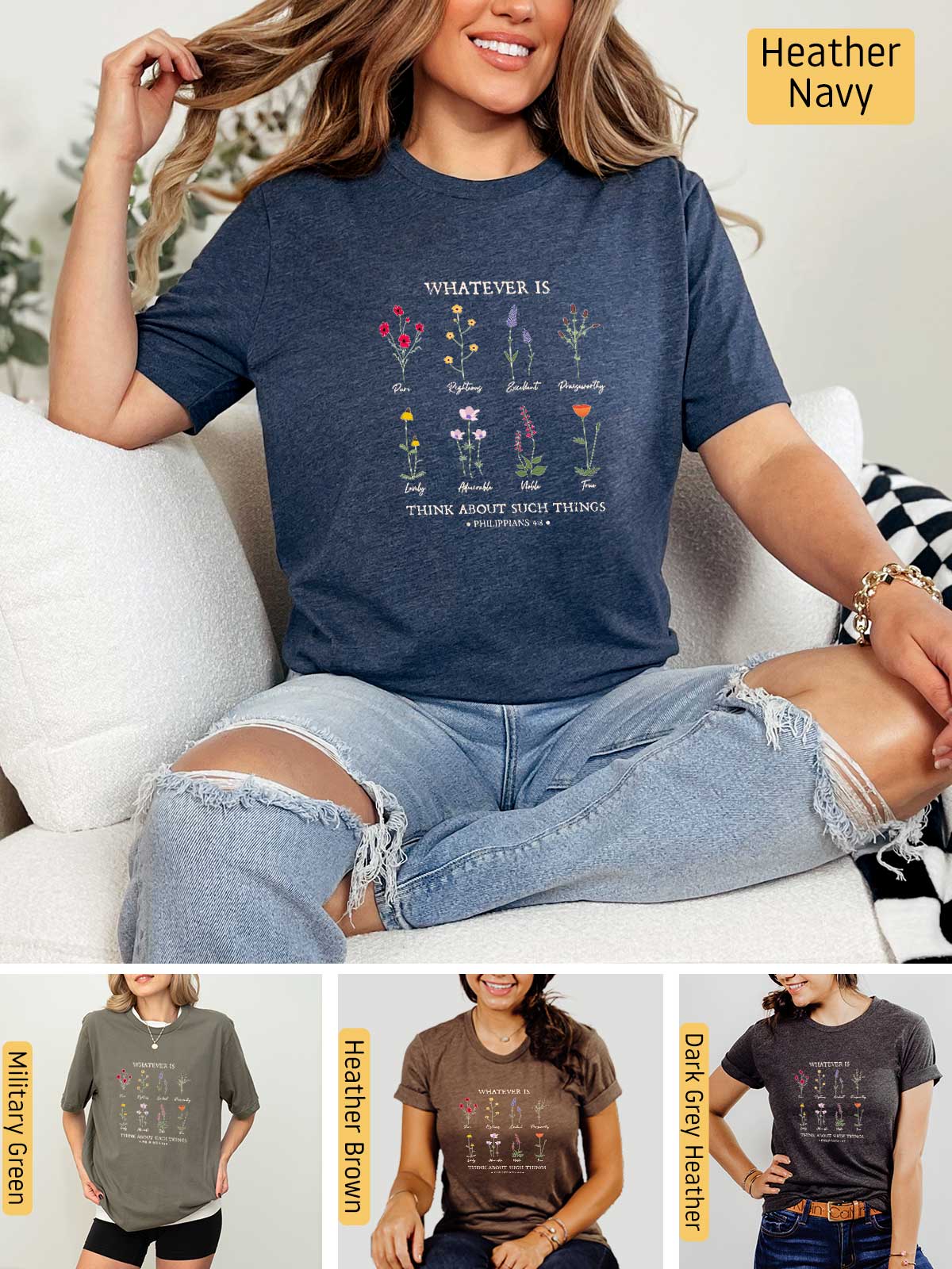 a woman sitting on a couch wearing a t - shirt with flowers on it