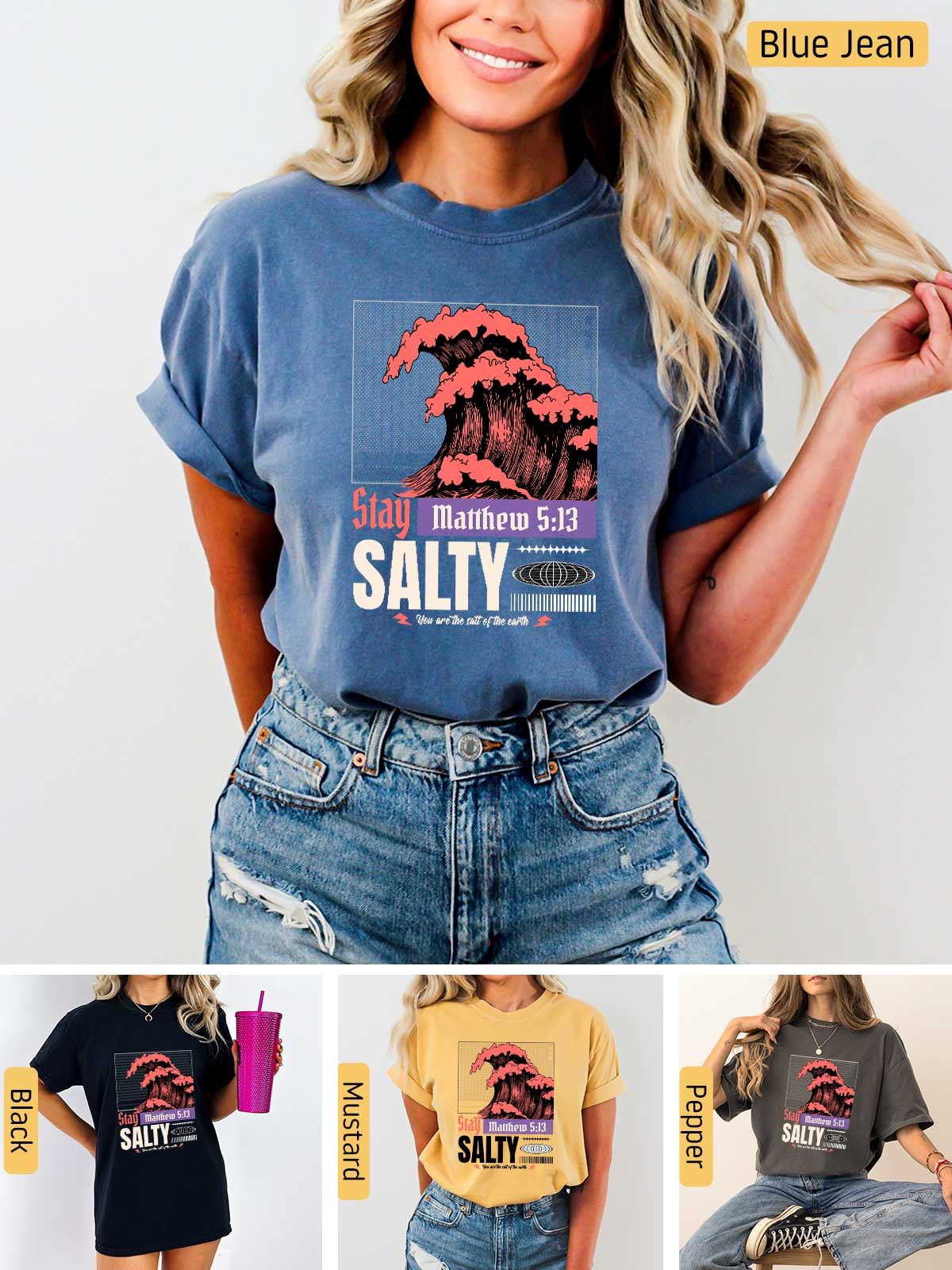 a woman wearing a t - shirt that says salty