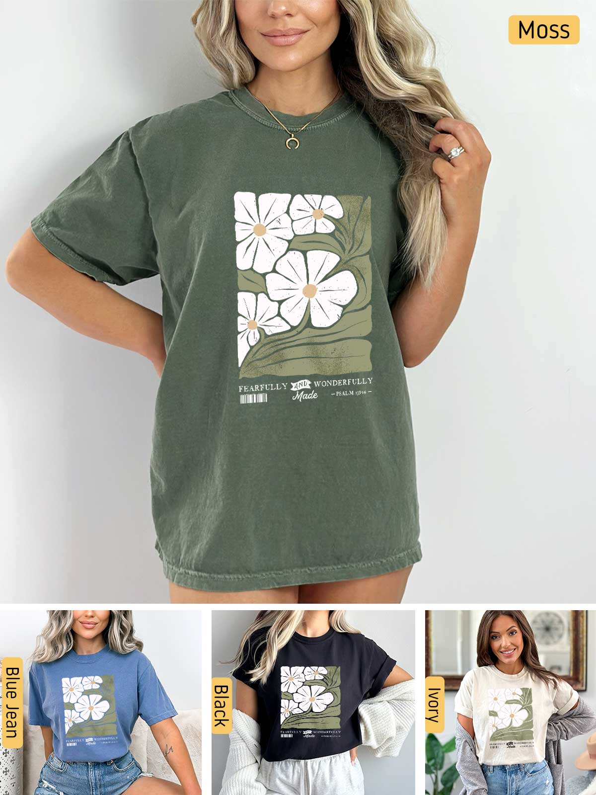 a woman wearing a t - shirt with flowers on it