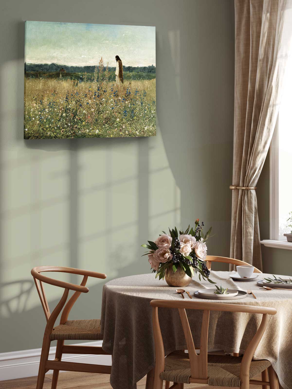 a serene dining scene with a table set for two, featuring a vase of flowers and a painting of a field of flowers hanging on the wall above the table.