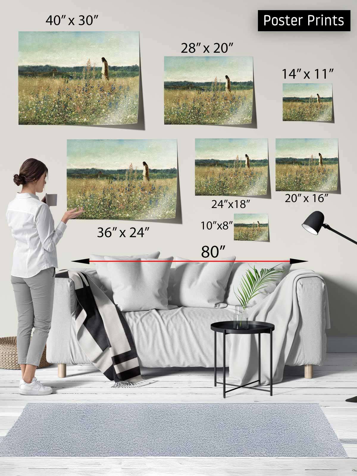 The image is a poster print display featuring a woman standing in front of a couch, with various sizes of the same image displayed on the wall behind her.
