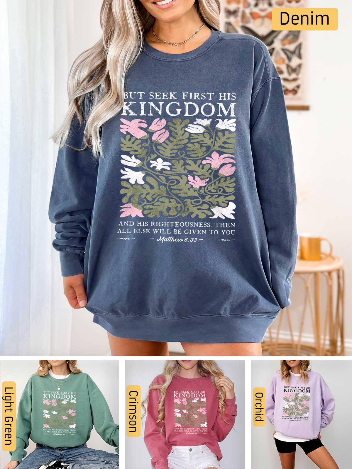 a woman wearing a sweatshirt with the words, but see first me kingdom on it