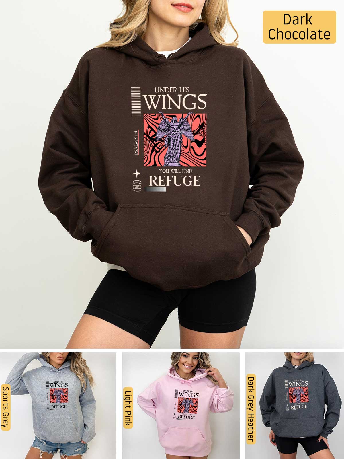 a woman wearing a hoodie with the words wings refuge on it