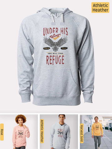 Under His Wings You will find Refuge - Psalm 91:4 - Lightweight, Cali Wave-washed Women's Hooded Sweatshirt