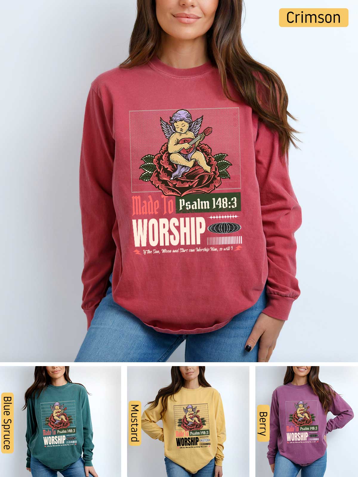 a woman wearing a sweatshirt with the words worship on it