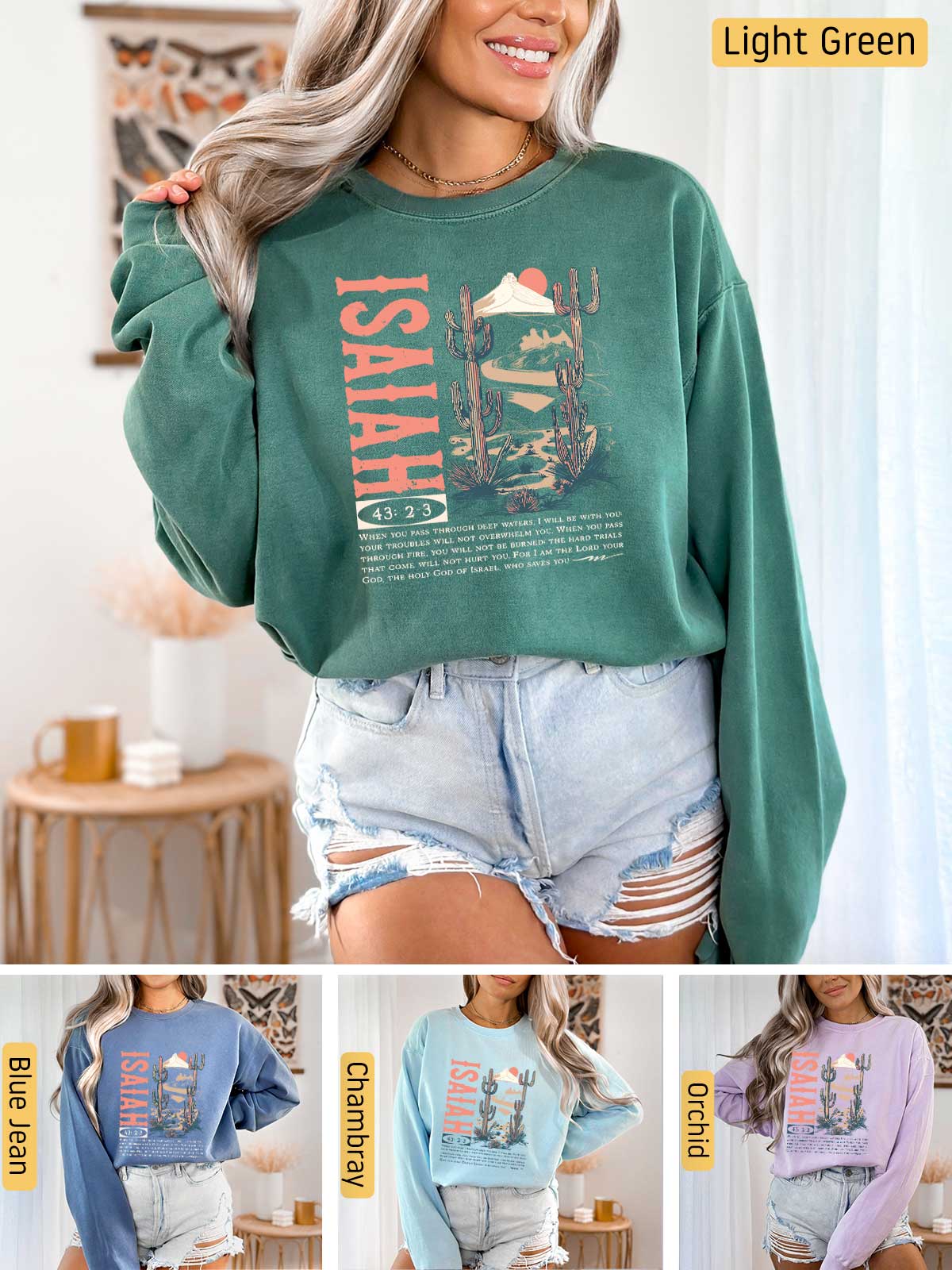 a woman wearing a green sweatshirt and denim shorts