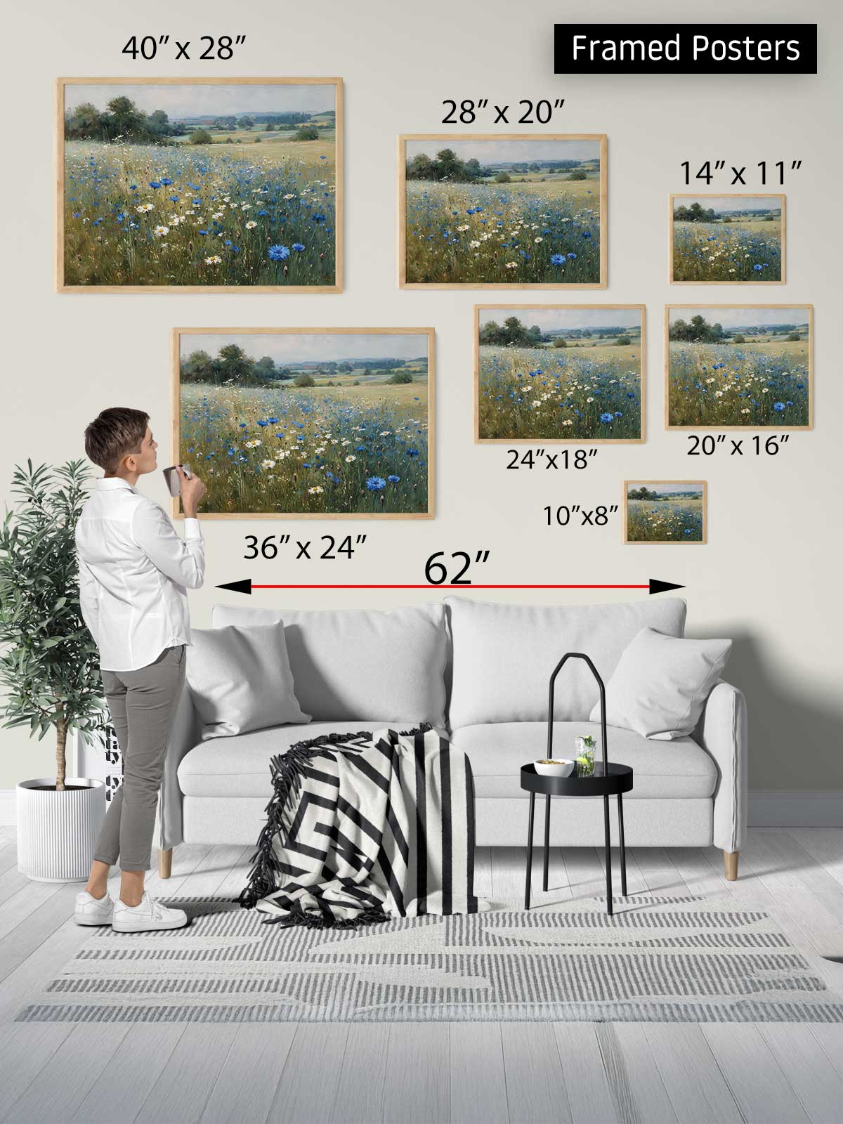 The image is a collage of framed posters of various sizes, including landscape and floral scenes, displayed on a wall in a living room setting.
