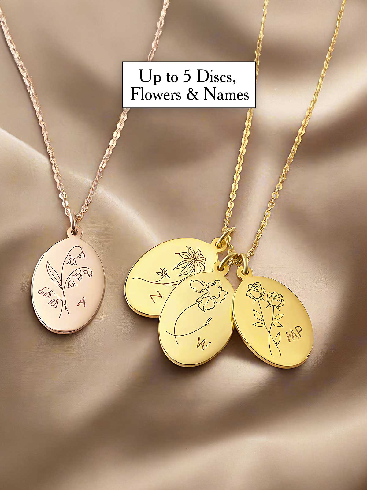 three necklaces with flowers and names on them