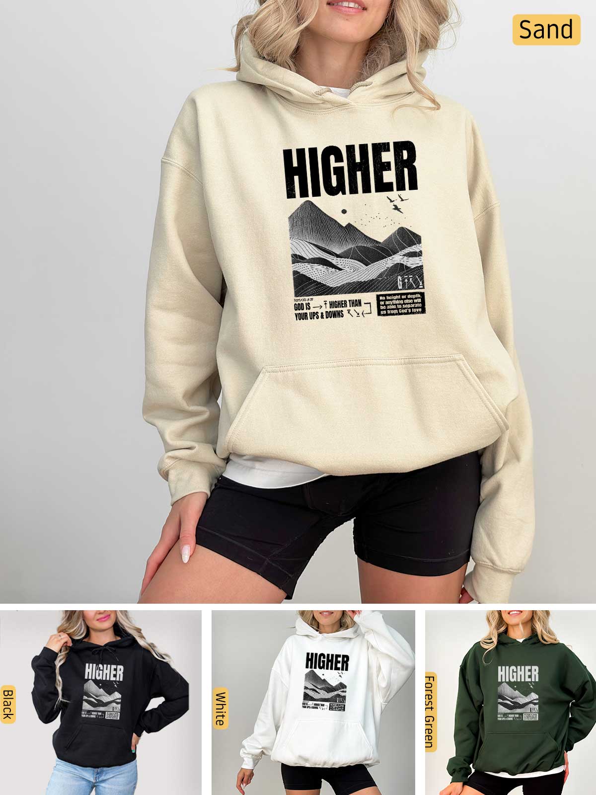 a woman wearing a sweatshirt with the words higher printed on it