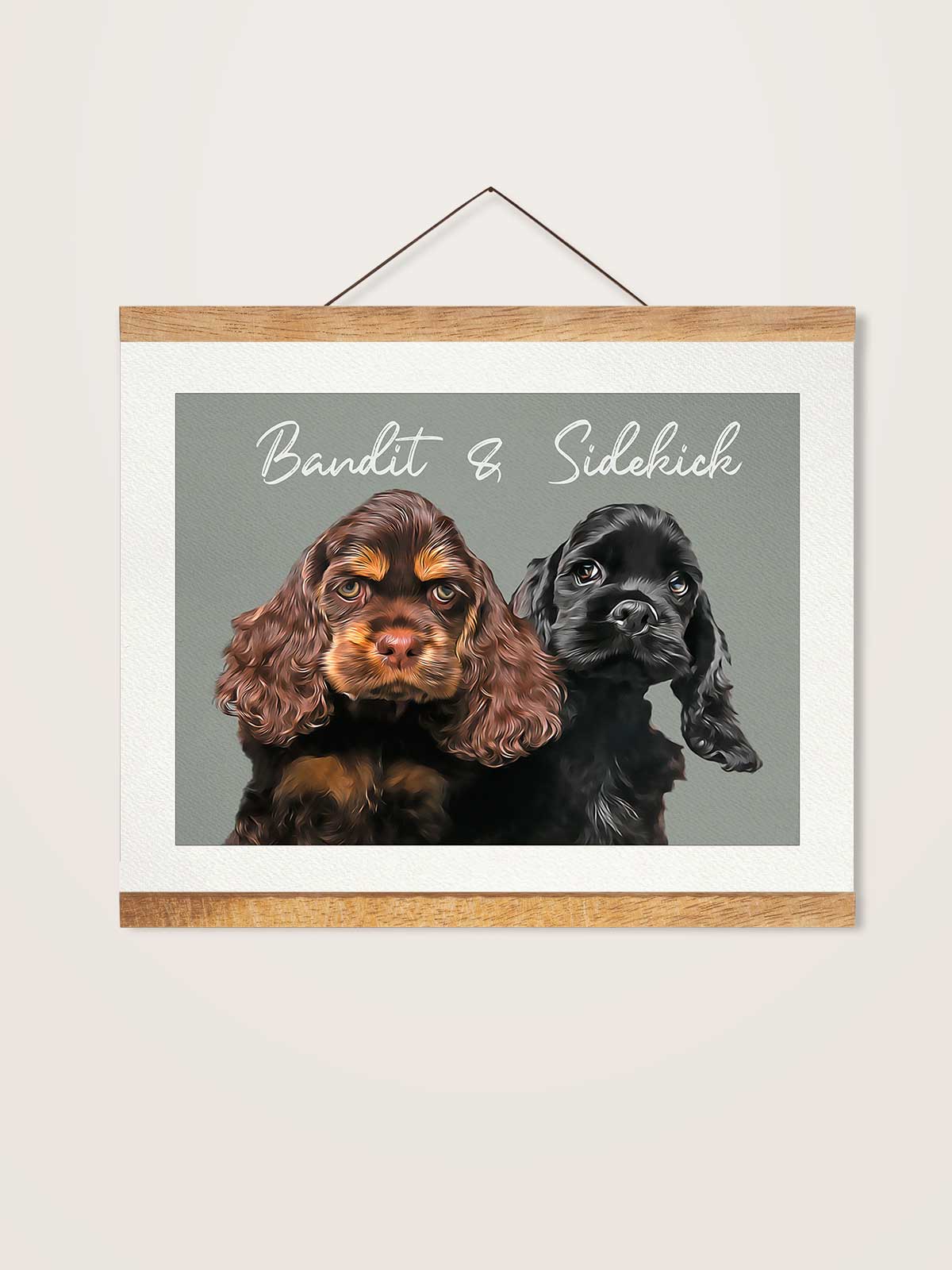 two dogs, one brown and one black, sitting together and looking at the camera.