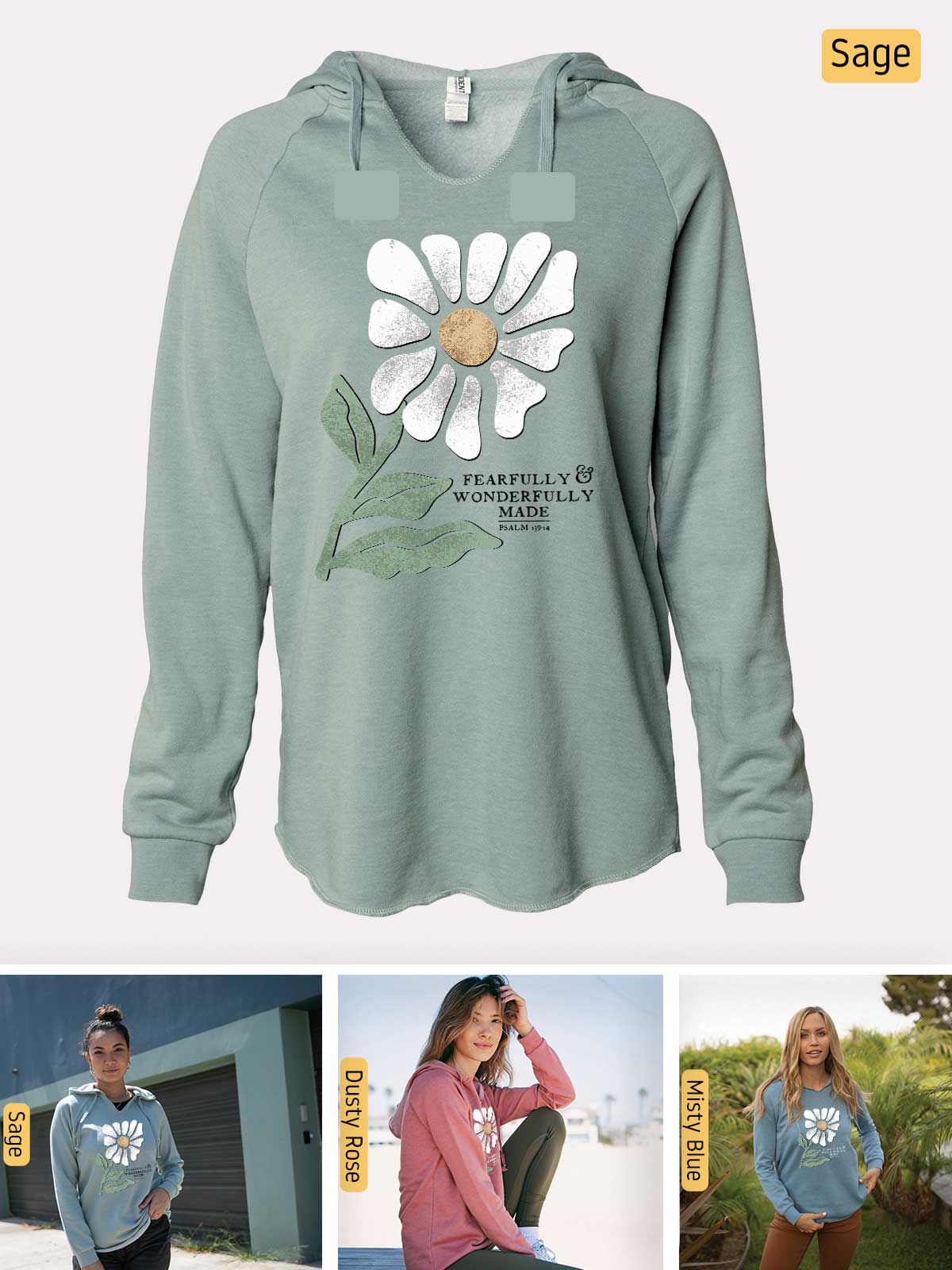 a woman wearing a sweatshirt with a flower on it