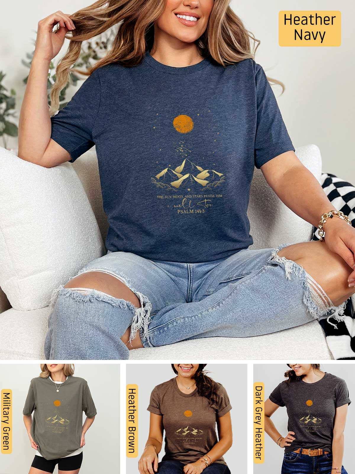 a woman sitting on top of a couch wearing a t - shirt