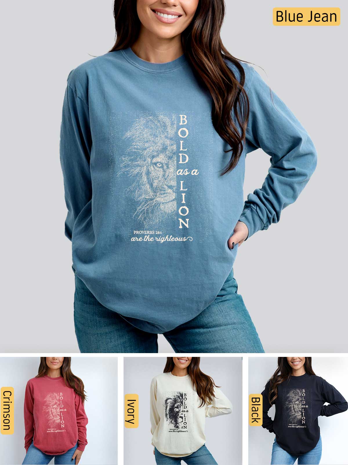 a woman wearing a blue sweatshirt with a lion on it