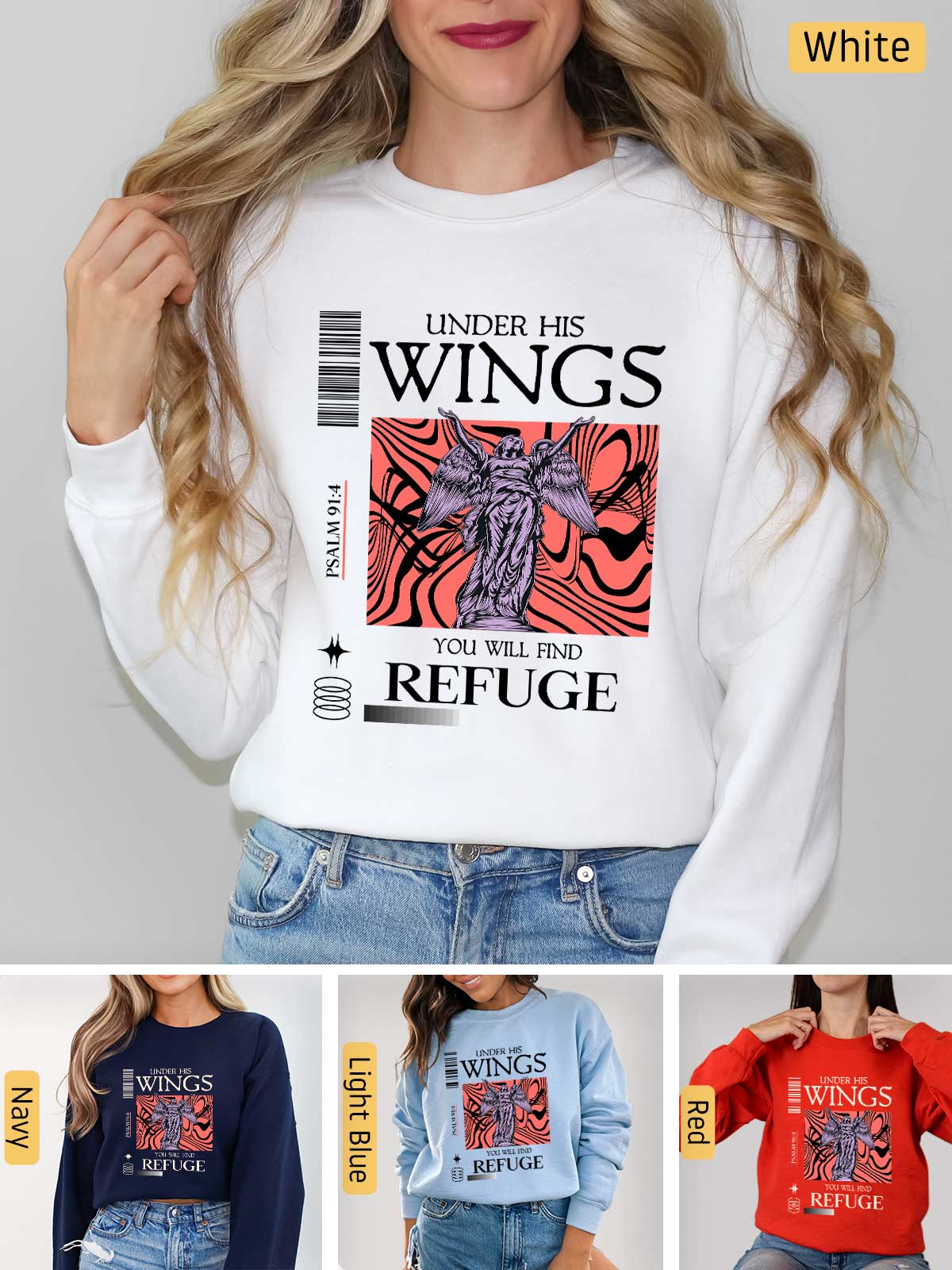 a woman wearing a sweatshirt with wings on it