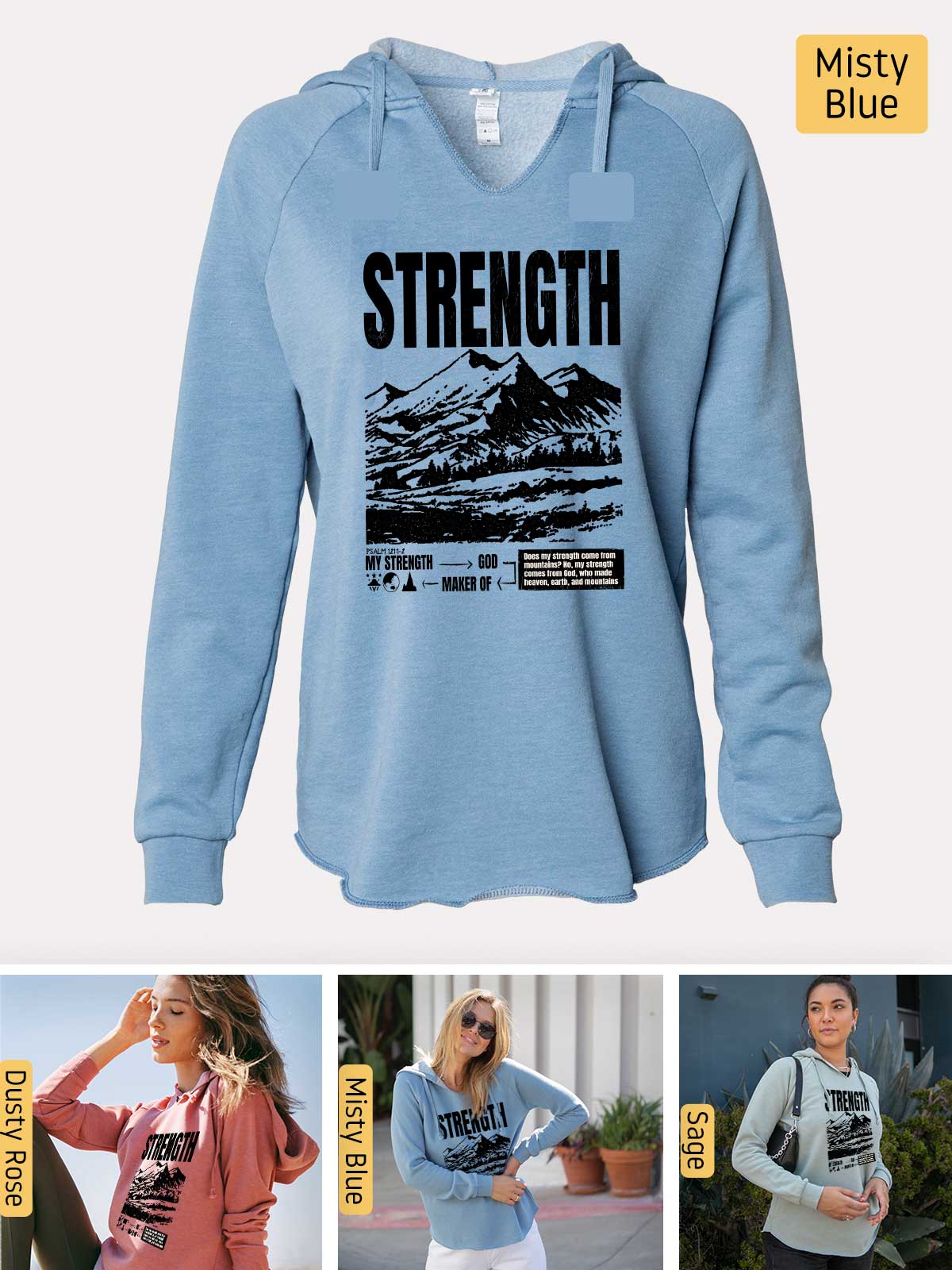 a woman wearing a blue sweatshirt with a mountain scene on it