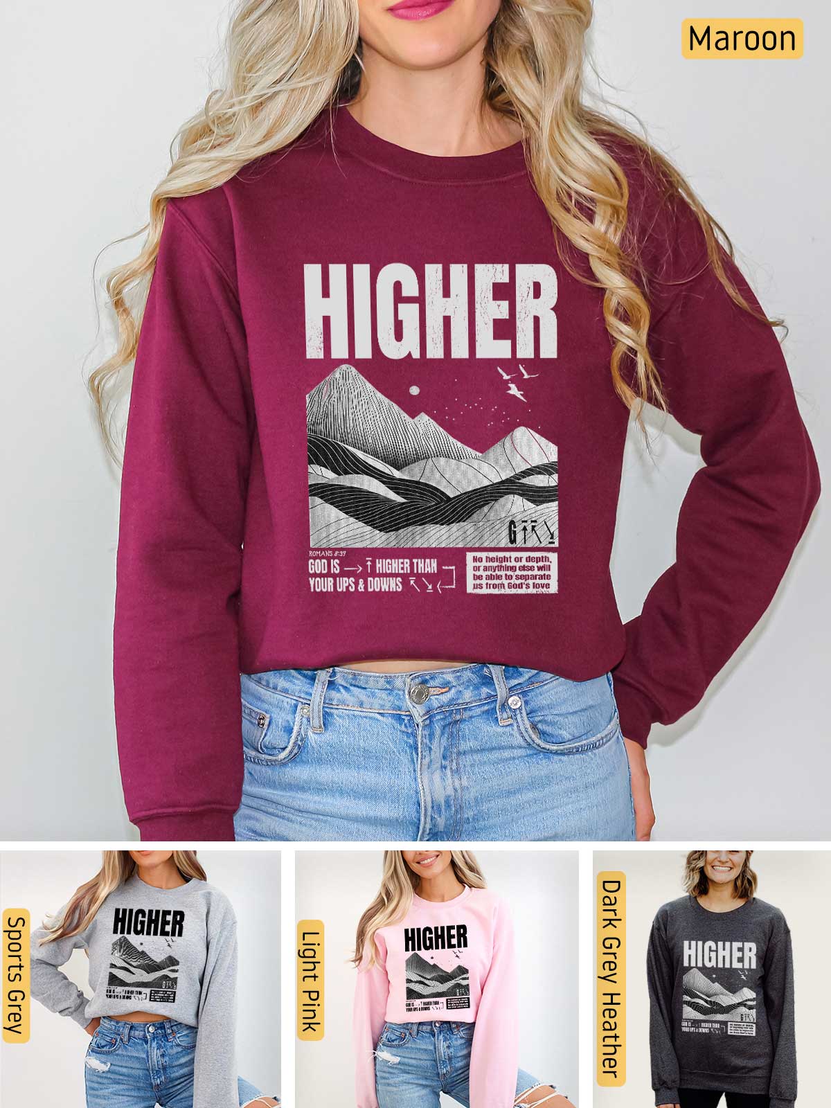 a woman wearing a sweatshirt with the words higher printed on it