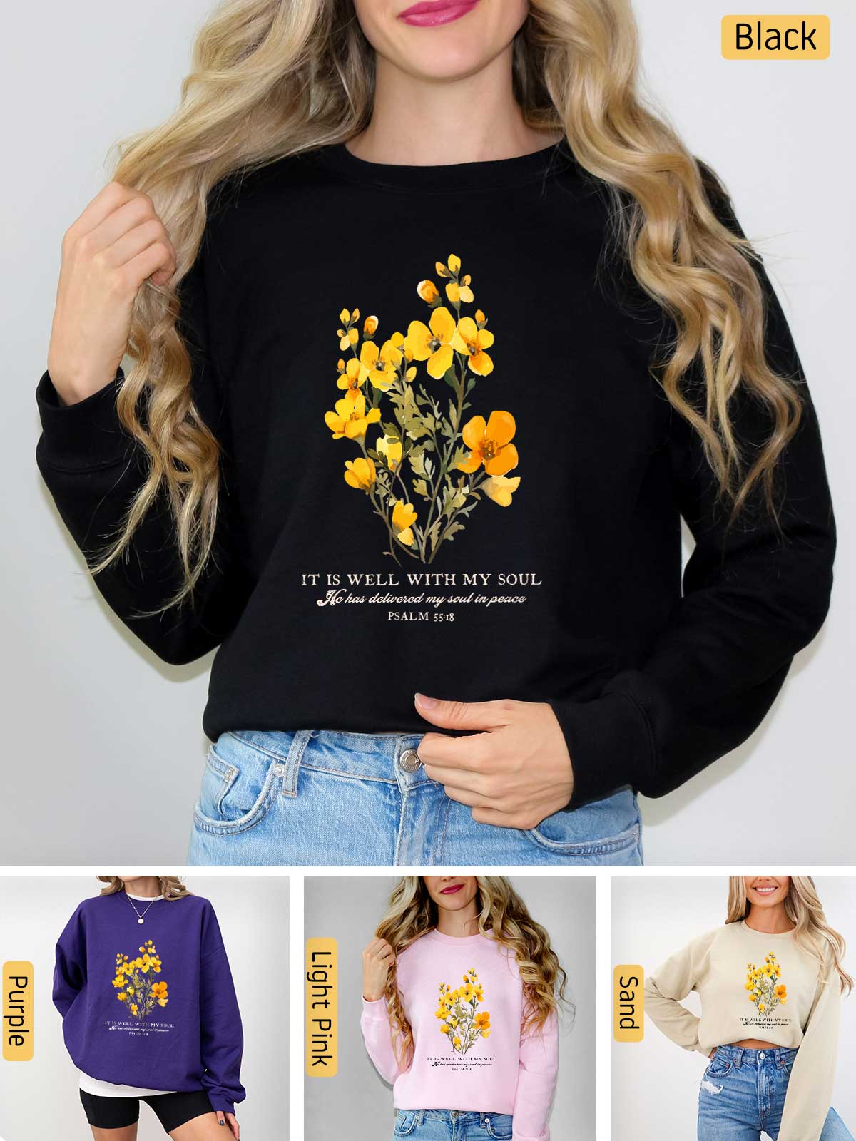 a woman wearing a black sweatshirt with yellow flowers on it