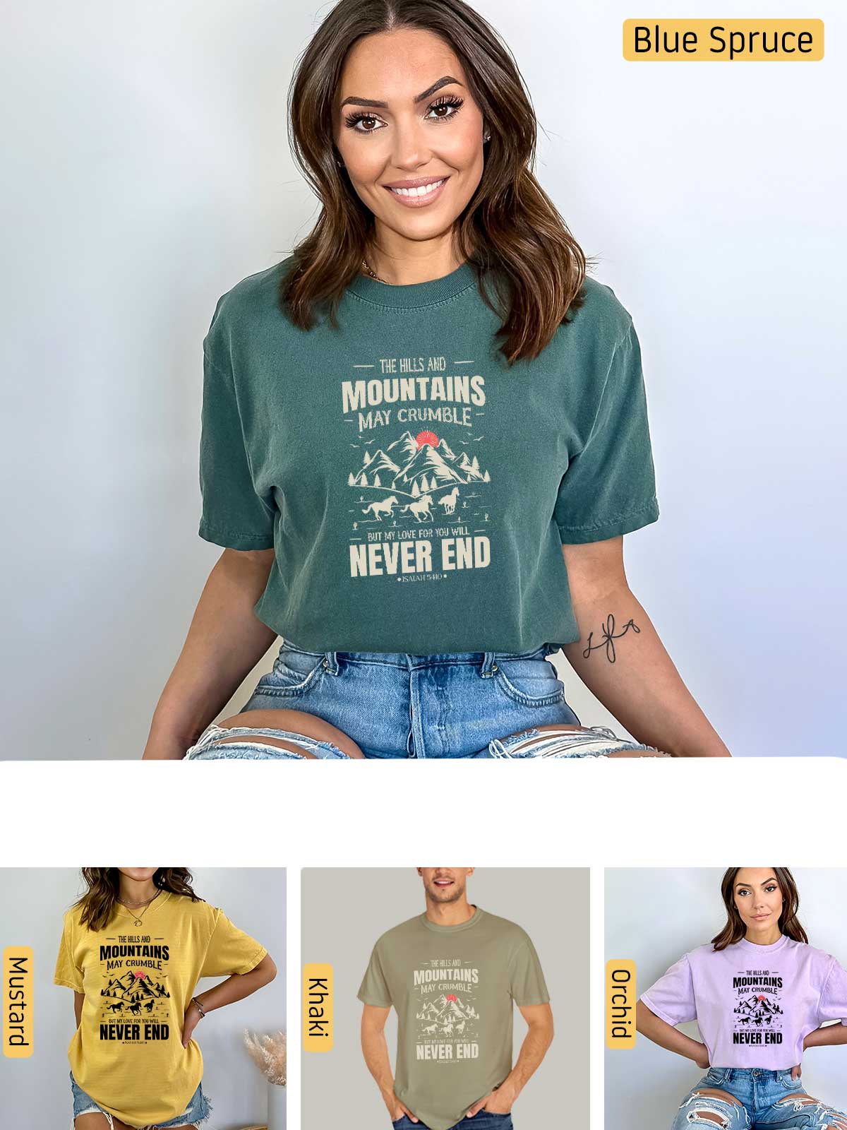 a woman wearing a mountain is never end t - shirt