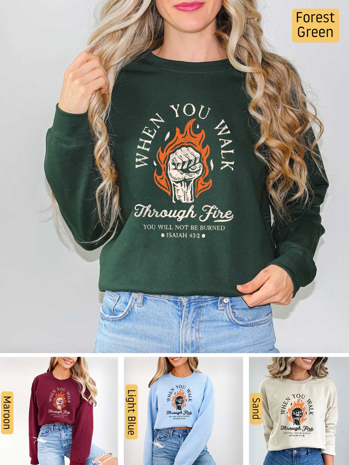 a woman wearing a sweatshirt that says, what you want through fire