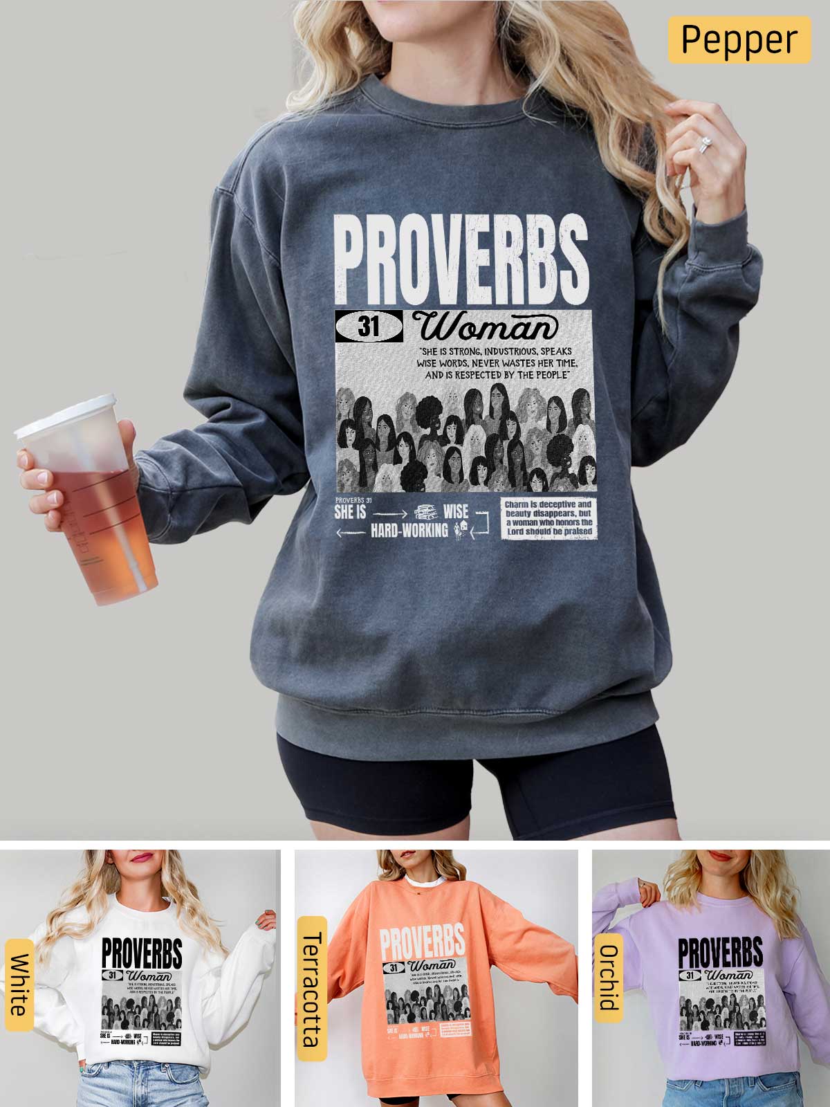 a woman wearing a sweatshirt with the words provers on it