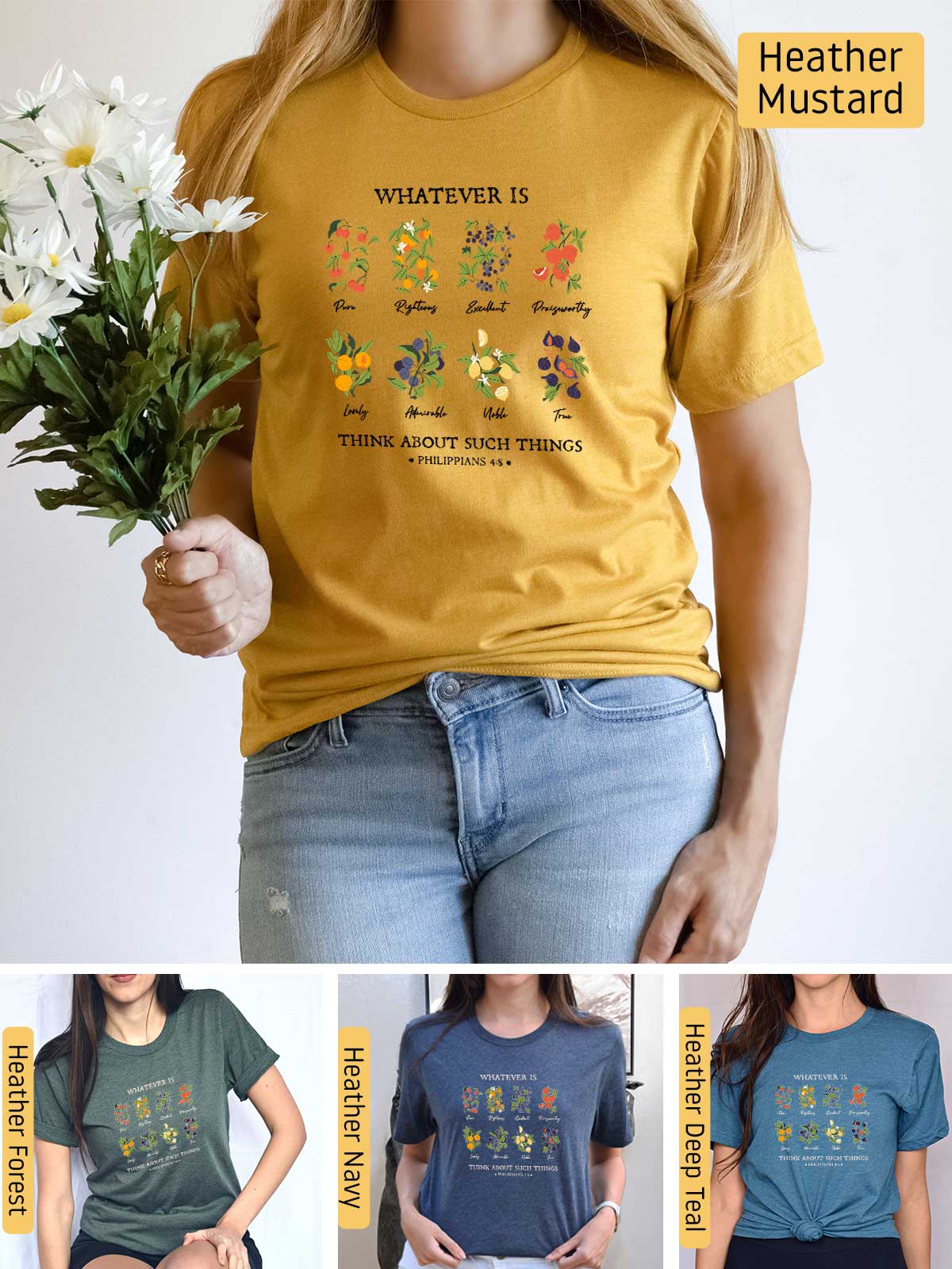 a woman wearing a t - shirt with flowers on it