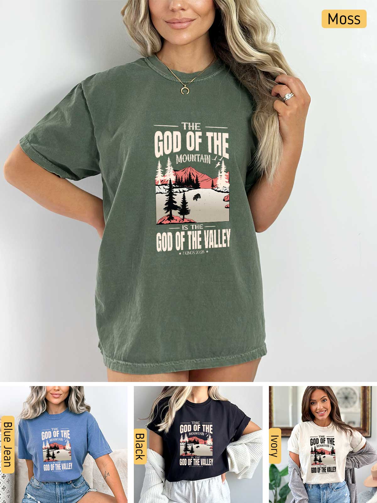 a woman wearing a t - shirt that says god of the mountains