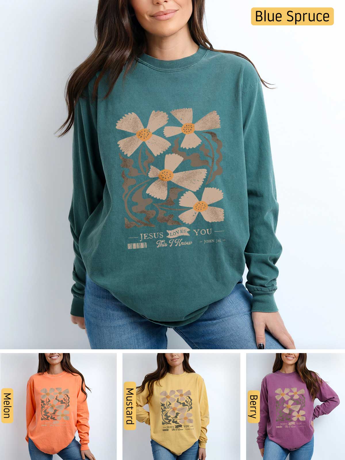 a woman wearing a sweatshirt with flowers on it