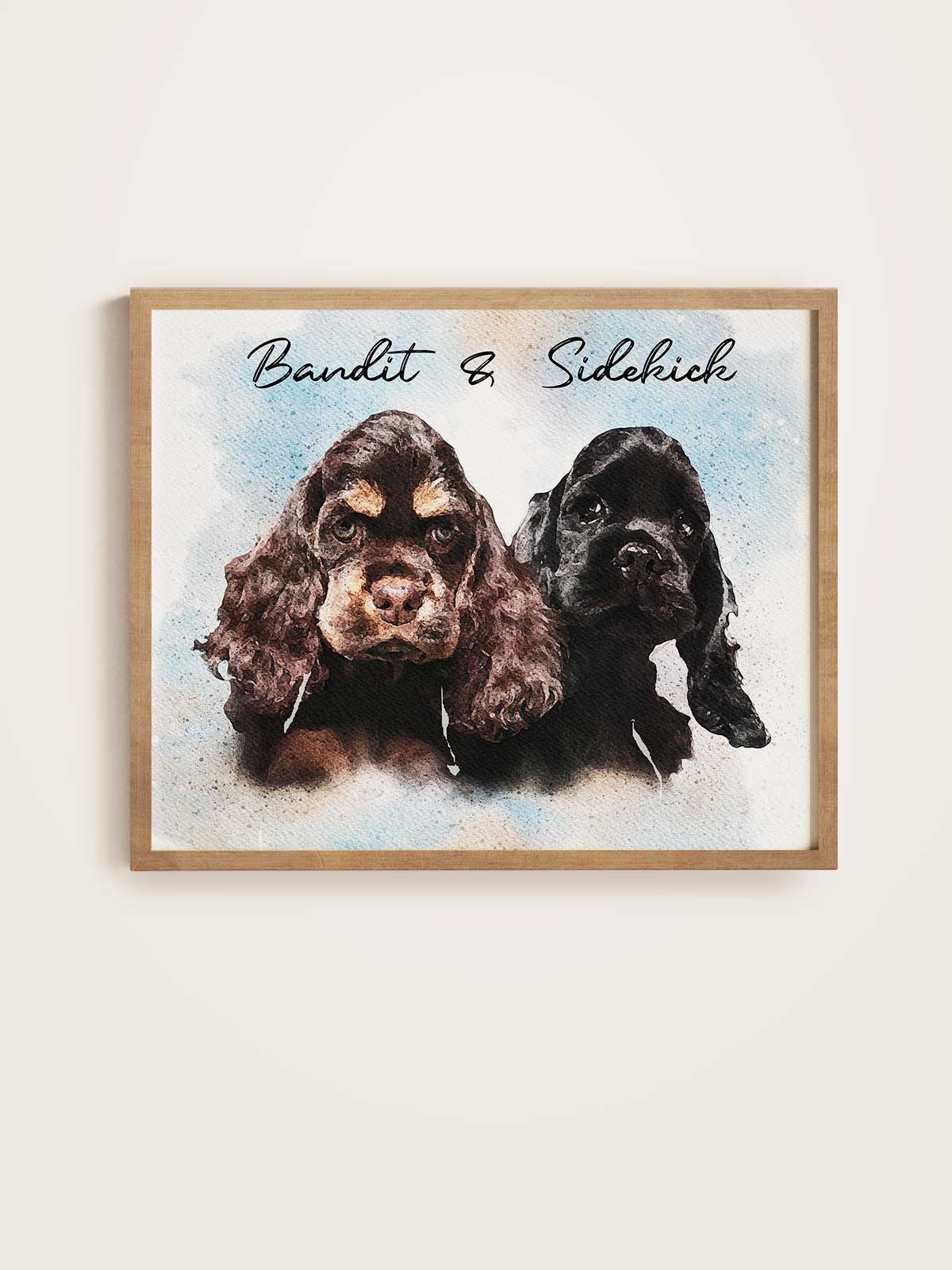 two dogs, one brown and one black, sitting together and looking at the camera.