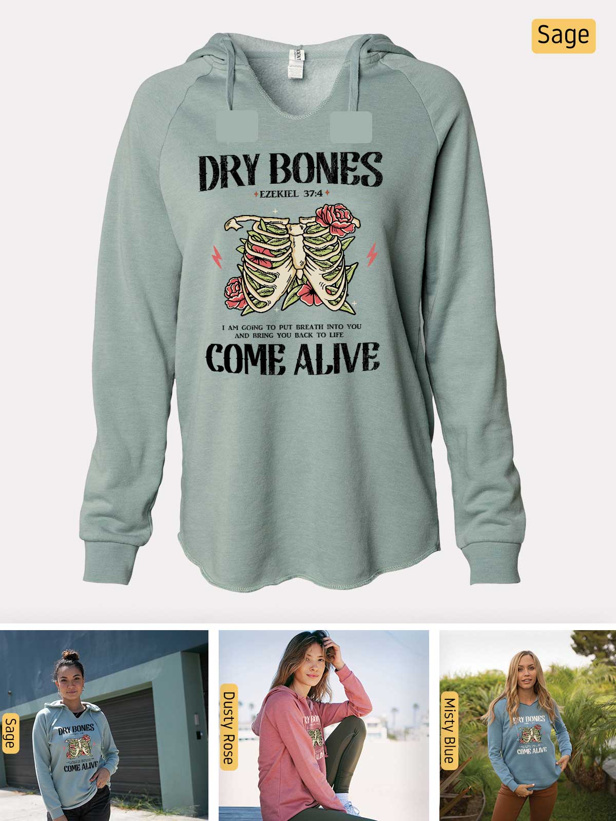 a woman wearing a sweatshirt with a skeleton on it