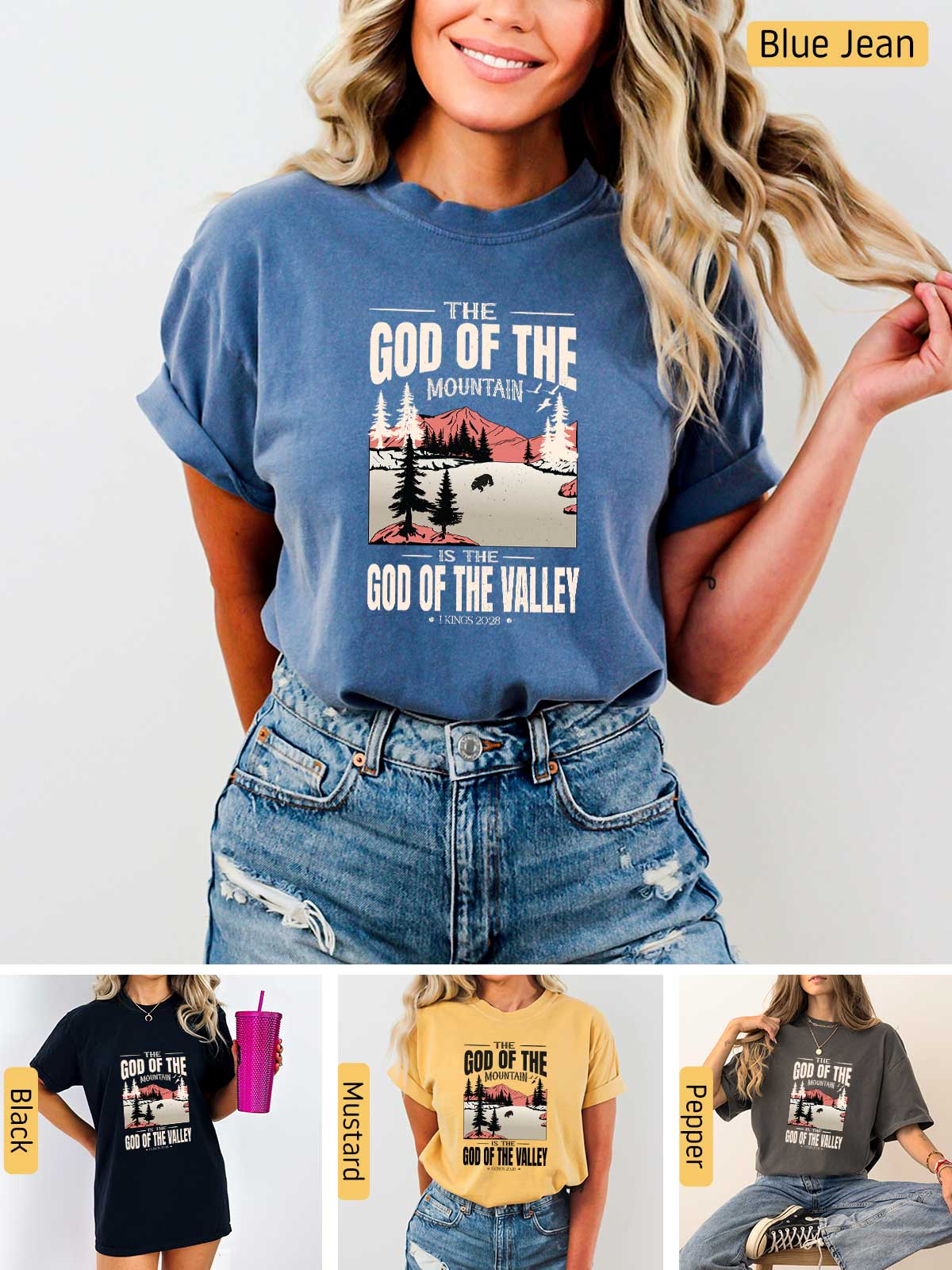 a woman wearing a t - shirt that says god of the mountains