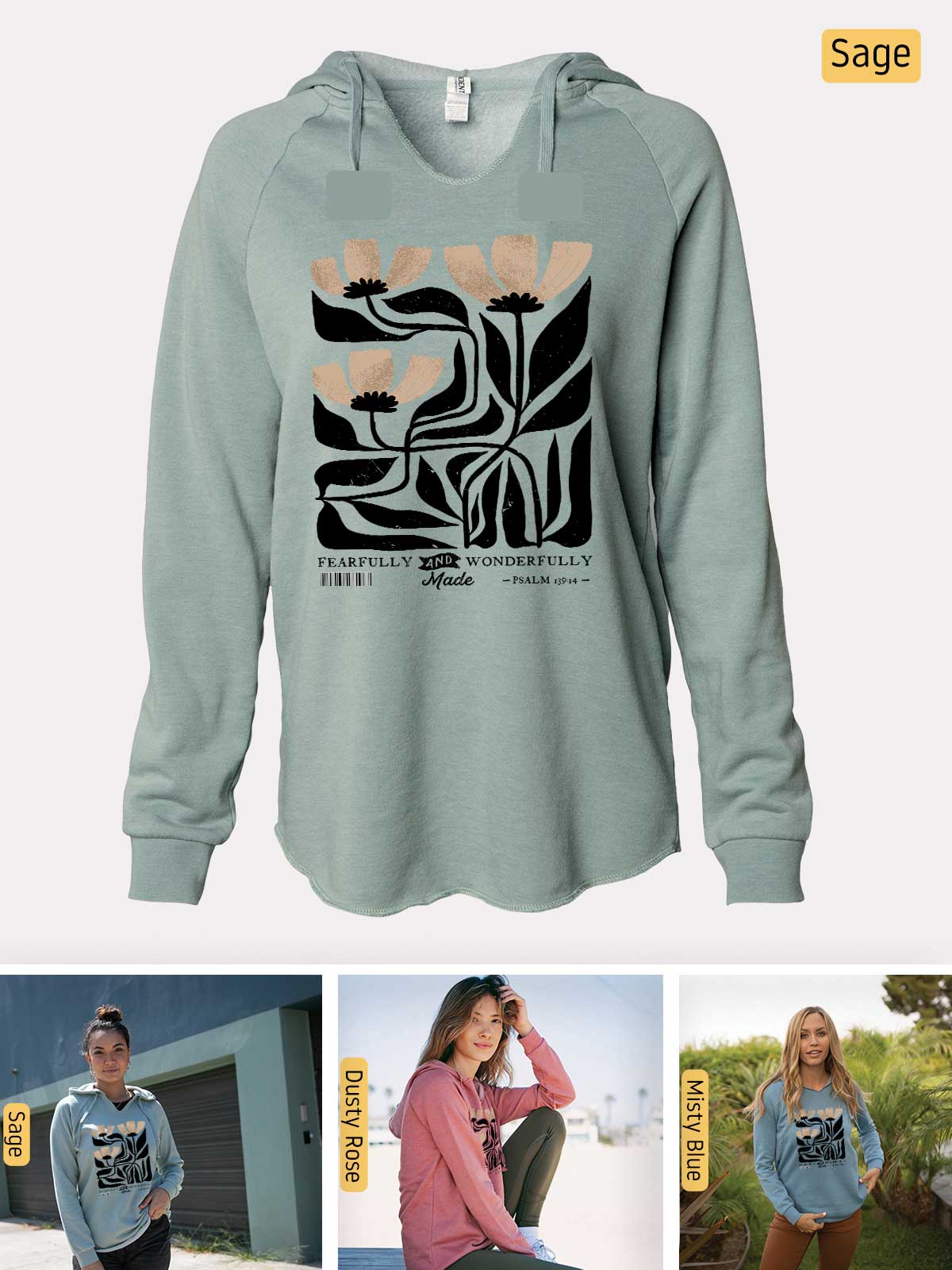 a women's sweatshirt with a picture of a woman sitting on a bench